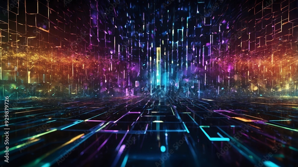 Neon Data Stream: A futuristic cityscape pulsates with vibrant energy, as streams of digital data cascade through a neon-lit grid, representing the flow of information in the digital age. 