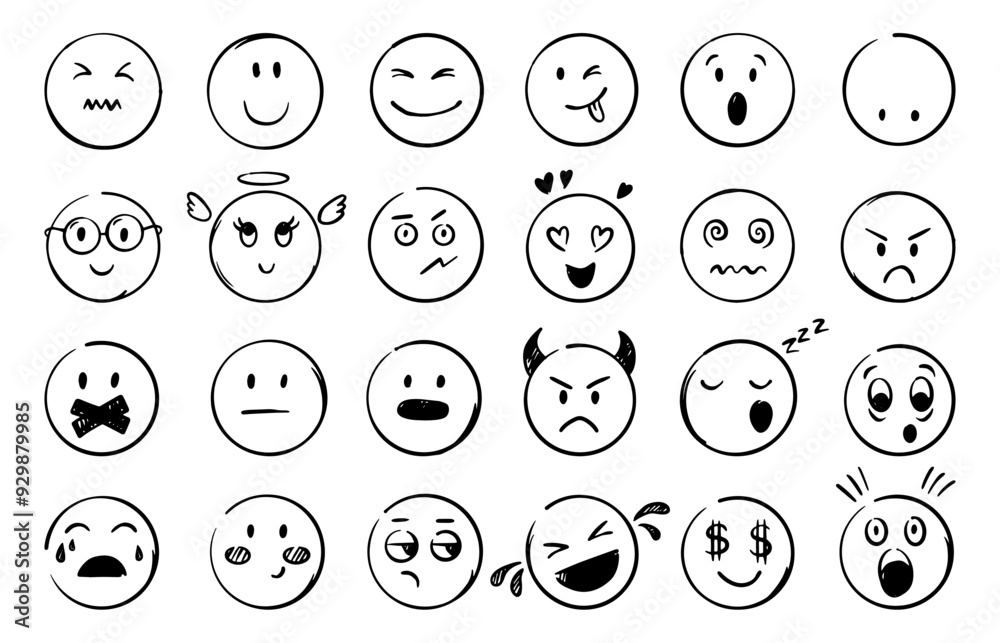 Doodle emoticons. Emotional faces hand drawn style. Different mood, happy confused angry crying surprised. Comic face neoteric vector clipart Doodle emoticons. Emotional faces hand drawn style. Different mood, happy confused angry crying surprised. Comic face neoteric vector clipart