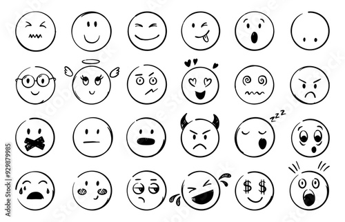 Doodle emoticons. Emotional faces hand drawn style. Different mood, happy confused angry crying surprised. Comic face neoteric vector clipart
