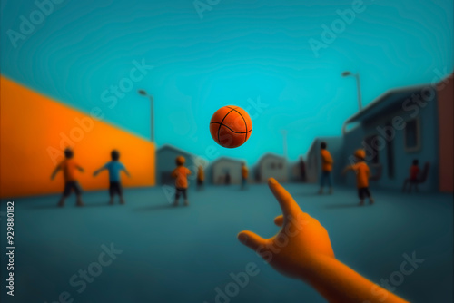 A vibrant depiction of children enthusiastically playing basketball in a lively neighborhood street, reflecting joy, youthfulness, and community amidst urban surroundings.