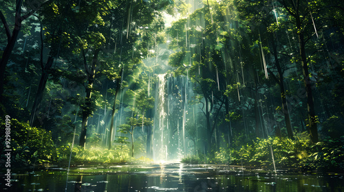 A Lush Forest with a Waterfall and Rain Falling Through the Canopy