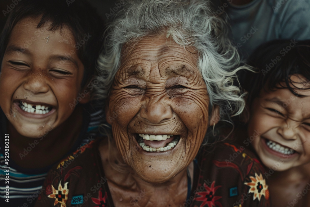 A heartwarming photograph of an elderly woman with white hair and deep wrinkles, joyfully laughing with two young children, capturing pure happiness and generations connecting. A heartwarming photograph of an elderly woman with white hair and deep wrinkles, joyfully laughing with two young children, capturing pure happiness and generations connecting.