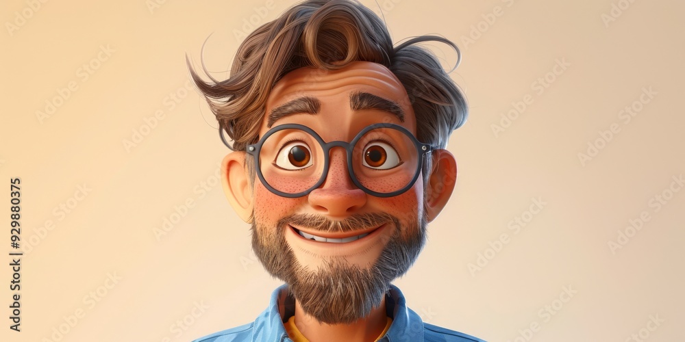 Cheerful 3D Cartoon Man: Smiling Adult in Blue Shirt and Large Glasses on Light Background. Expressive Character Design for UI, Web Marketing, and High-Resolution Wallpapers. Creative Abstract Concept Cheerful 3D Cartoon Man: Smiling Adult in Blue Shirt and Large Glasses on Light Background. Expressive Character Design for UI, Web Marketing, and High-Resolution Wallpapers. Creative Abstract Concept