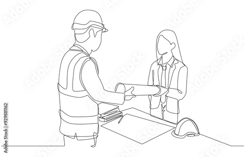 Continuous one line drawing of foreman builder receiving construction blueprint from female engineer, civil engineer and construction work concept, single line art.