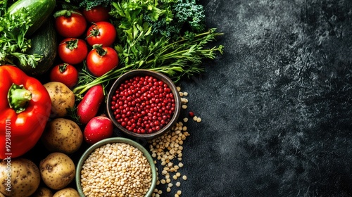 Healthy dish in close-up, fresh produce and grains highlighted, with surrounding copy space on a minimalist background