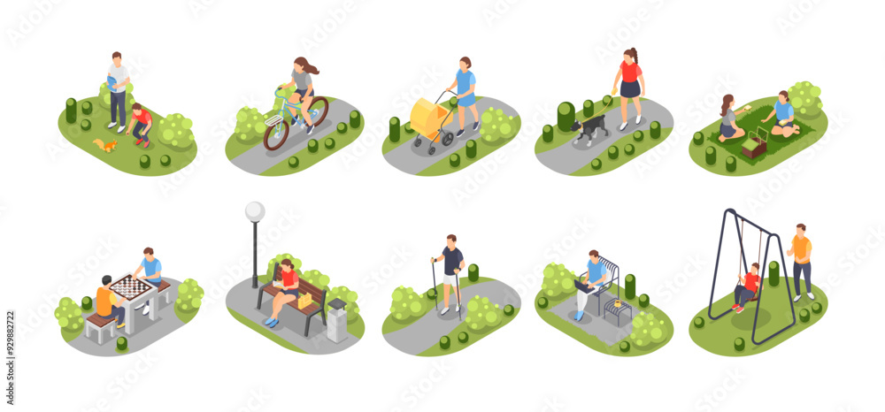 Naklejka premium Isometric people in city park. Person outdoor rest, walking dog, ride bicycle and eating. Girl reading on bench, man working, flawless vector scenes