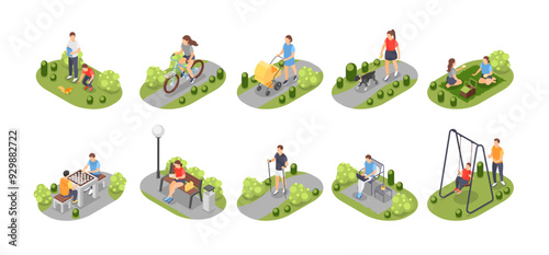 Isometric people in city park. Person outdoor rest, walking dog, ride bicycle and eating. Girl reading on bench, man working, flawless vector scenes
