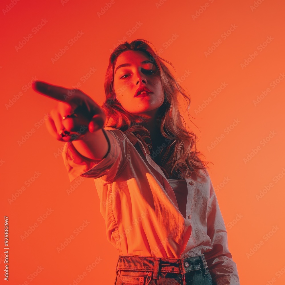 A beautiful young woman pointing directly downwards, isolated on a fiery red background. A beautiful young woman pointing directly downwards, isolated on a fiery red background.