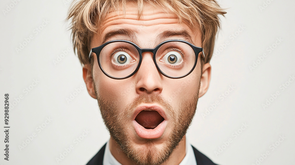 A blond man in glasses and a suit shows surprise. The man is surprised. Fear, shock, fright. A man with a beard. On a white background A blond man in glasses and a suit shows surprise. The man is surprised. Fear, shock, fright. A man with a beard. On a white background