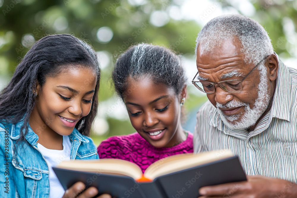 elderly man, grandfather african american reading book with granddaughters. Passing on knowledge. Generations. Spending time with family. elderly man, grandfather african american reading book with granddaughters. Passing on knowledge. Generations. Spending time with family.