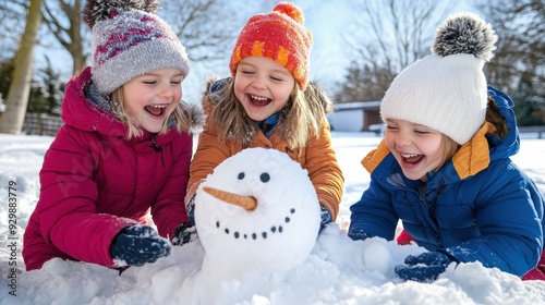 Three children are playing with a snowman in the snow, AI