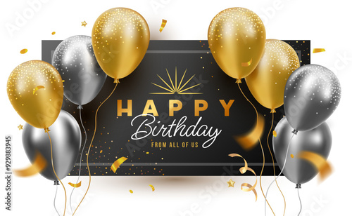 Vector holiday template design of golden and silver flying balloon with text on black background with confetti. 3d realistic happy birthday illustration with air helium balloon