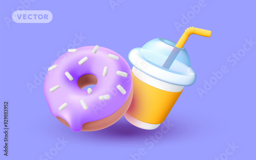 Vector illustration of realistic set of glazed donut with sprinkles and drink cup on color background. 3d style design of donut and take away coffee cup with shadow. Sweet food