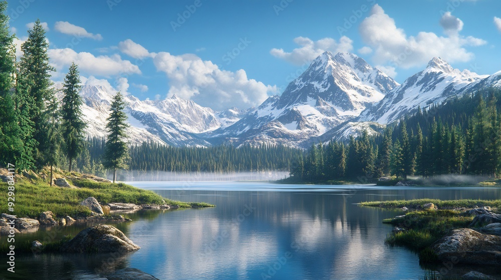 Fototapeta premium Tranquil Mountain Lake with Misty Morning