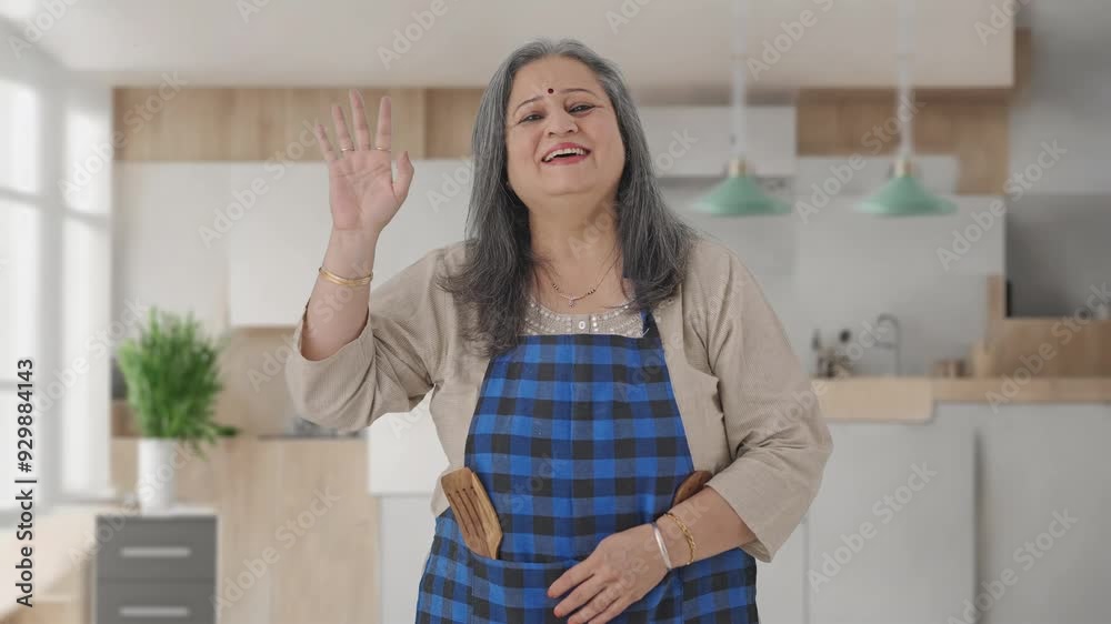 Happy Indian aged housewife saying Hello and waving Happy Indian aged housewife saying Hello and waving