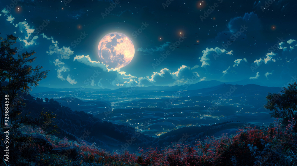 Nighttime Landscape with Full Moon, Stars, and City Lights Nighttime Landscape with Full Moon, Stars, and City Lights