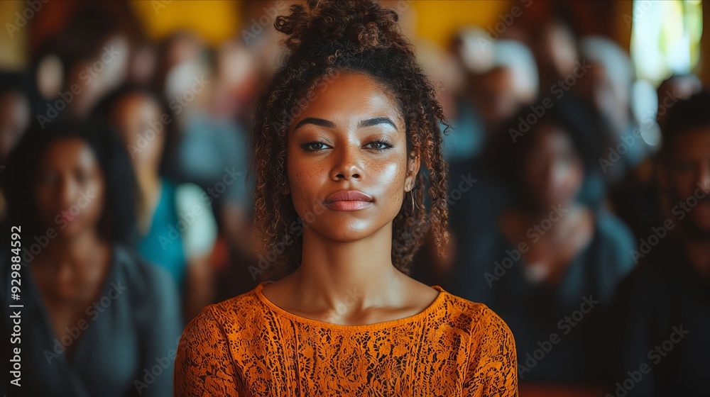 Obraz premium A woman standing in front of a crowd of people