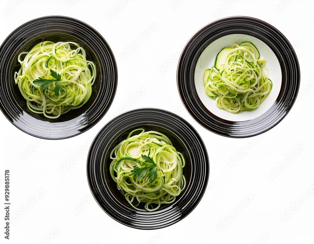 Obraz premium Three plates with zucchini noodles isolated on transparent background, vegetarian food, top view