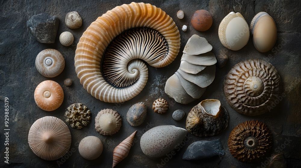 A Collection of Various Seashells Arranged on a Dark Surface A Collection of Various Seashells Arranged on a Dark Surface