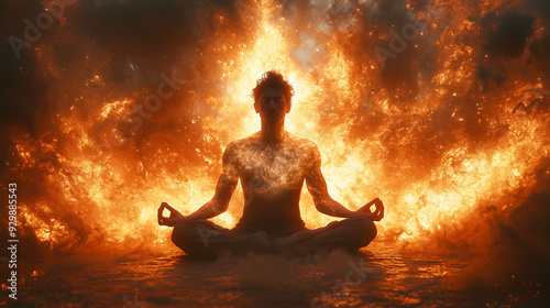 A man meditating in the lotus position, enveloped by a serene, glowing aura, reflecting a profound spiritual awakening. The scene should capture his peaceful expression, with ethereal light and energy