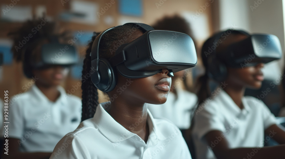 Group of Black kids in VR helmets in a classroom setting, exploring educational VR content, high resolution, detailed scene Group of Black kids in VR helmets in a classroom setting, exploring educational VR content, high resolution, detailed scene