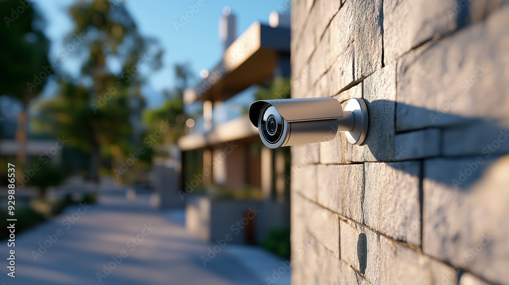 Fototapeta premium A high-tech security camera mounted on a rugged stone wall, overseeing the serene and secure surroundings of a residential area.