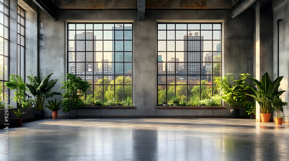 Modern interior with large windows showcasing a city view. Modern interior with large windows showcasing a city view.