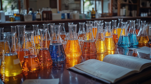 A lab table cluttered with vibrant beakers and test tubes, scattered papers, and an open book. The scene should be detailed and focused, capturing an active research environment with a mix of glasswar photo