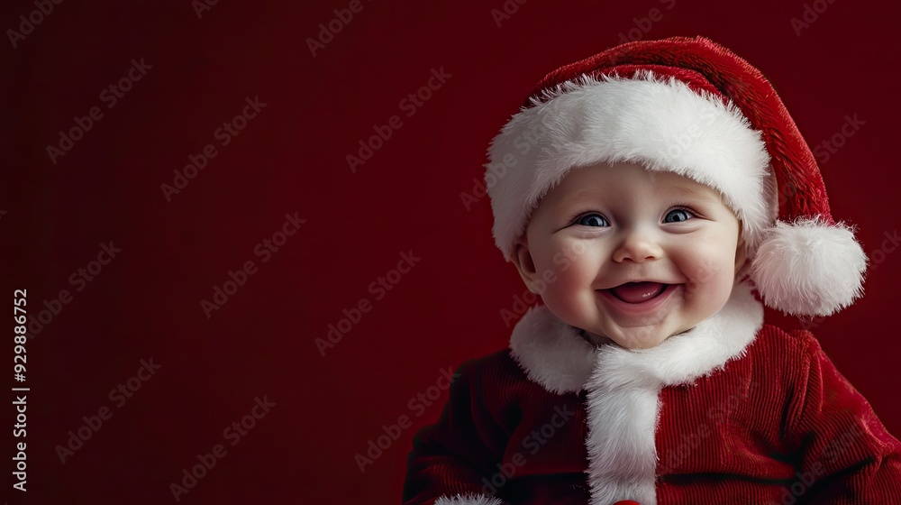 A smiling baby dressed in a Santa Claus costume, isolated on a red background, studio shot.