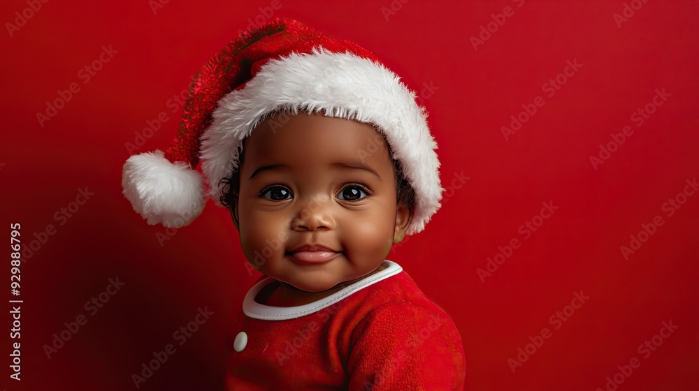 A smiling black baby dressed in a Santa Claus costume, isolated on a red background, studio shot. A smiling black baby dressed in a Santa Claus costume, isolated on a red background, studio shot.