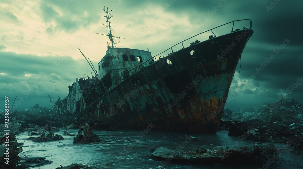 Post-Apocalyptic Shipwreck in a Gloomy Landscape Post-Apocalyptic Shipwreck in a Gloomy Landscape