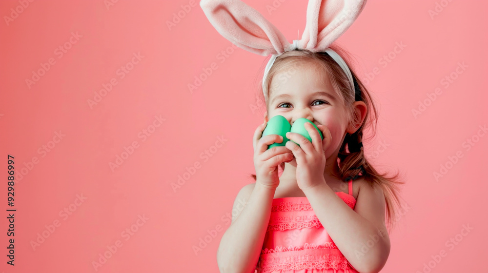 A joyful child wearing cute bunny ears enjoys colorful eggs. The vibrant pink background adds to the fun. Perfect for Easter themes and festive celebrations. AI A joyful child wearing cute bunny ears enjoys colorful eggs. The vibrant pink background adds to the fun. Perfect for Easter themes and festive celebrations. AI