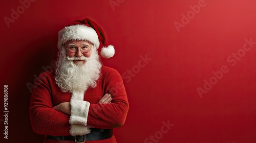 Santa Claus posing in arms crossed on red solid background. Copy space.