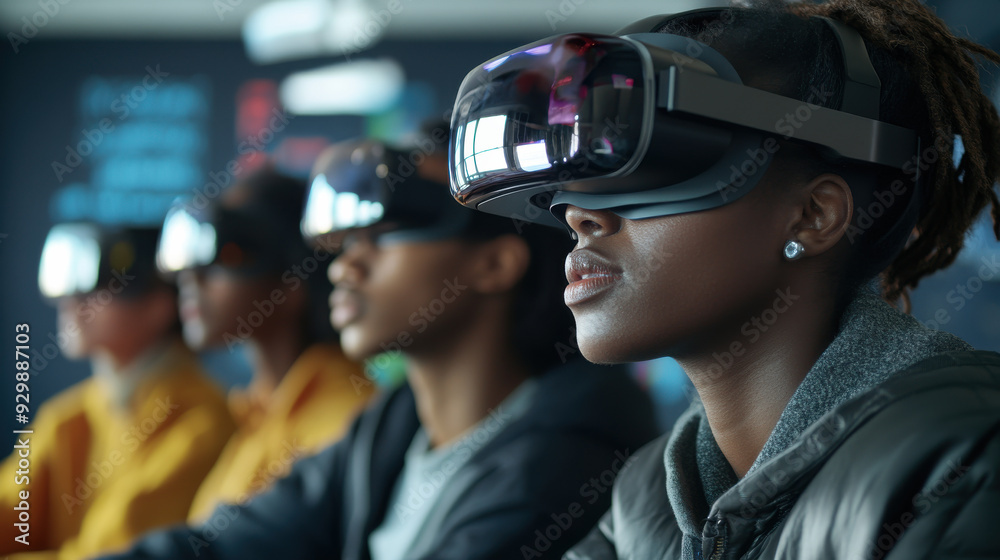 Group of Black students wearing advanced VR helmets in a modern classroom, immersed in interactive learning, futuristic setting, 8k resolution Group of Black students wearing advanced VR helmets in a modern classroom, immersed in interactive learning, futuristic setting, 8k resolution