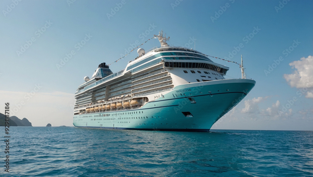 Luxury cruise ship sailing in turquoise waters, with a clear sky and distant islands. Luxury cruise ship sailing in turquoise waters, with a clear sky and distant islands.