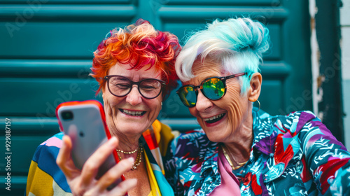 Two cool stylish older women with colored hair are watching something funny on their phone. Two old carefree lesbians are having fun and taking selfies on their phone photo