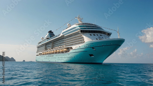 Luxury cruise ship sailing in turquoise waters, with a clear sky and distant islands.