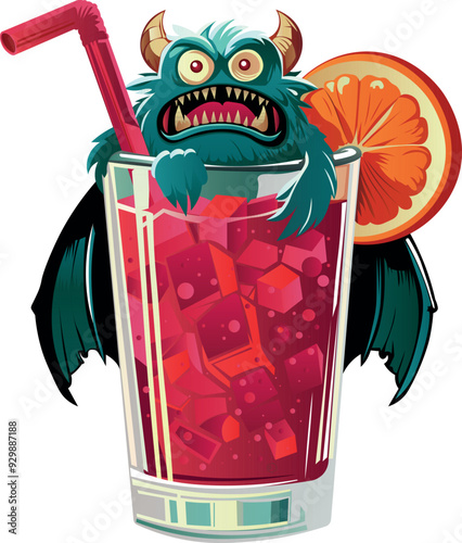 A monster in the form of a bat on a glass with a red cocktail in the style of Halloween