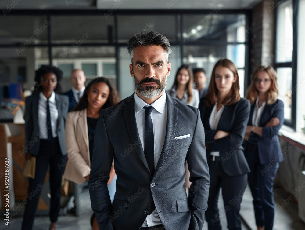 businessman in prime stands proudly with team, embodying essence of corporate success and unity, highlights dynamic group ready to tackle new business ventures and achieve goals. businessman in prime stands proudly with team, embodying essence of corporate success and unity, highlights dynamic group ready to tackle new business ventures and achieve goals.