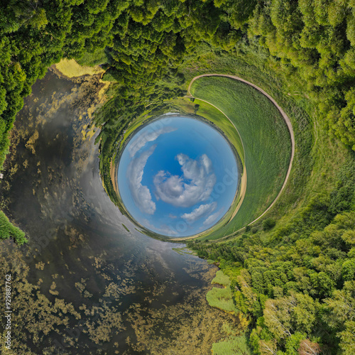 Panoramic view from drone, green little planet and blue sky around the globe