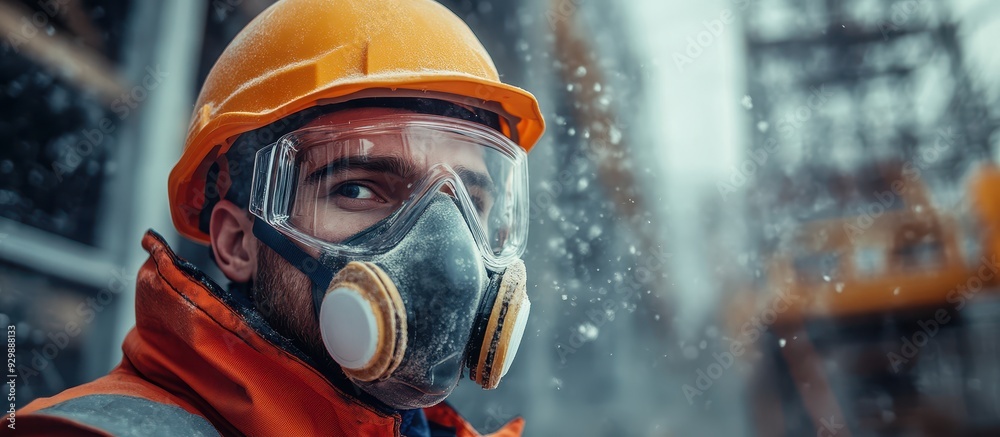 Construction Worker Wearing Safety Gear and Protective Mask at Industrial Site in Winter Construction Worker Wearing Safety Gear and Protective Mask at Industrial Site in Winter