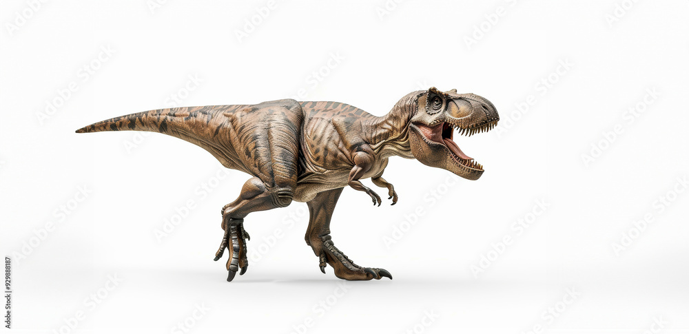 Fototapeta premium Tyrannosaurus Rex toy is showcased against a white background, highlighting its realistic texture and fierce expression. This model is perfect for dinosaur enthusiasts and collectors alike.