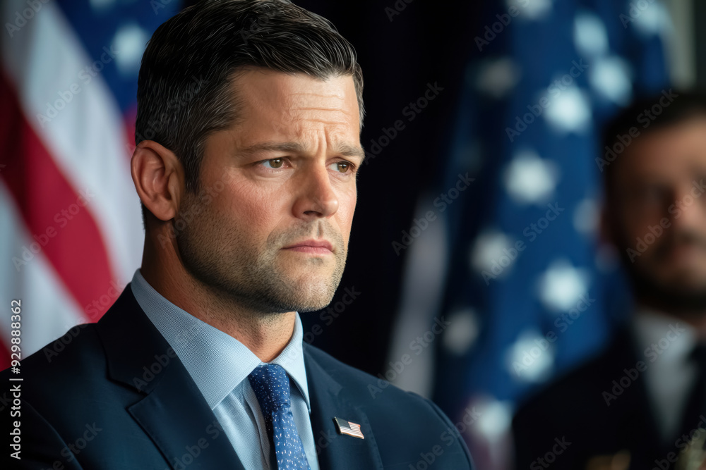 A close-up of a middle-aged light-skinned man with short brown hair and a serious expression, standing in front of American flags, ready to deliver a speech. A close-up of a middle-aged light-skinned man with short brown hair and a serious expression, standing in front of American flags, ready to deliver a speech.