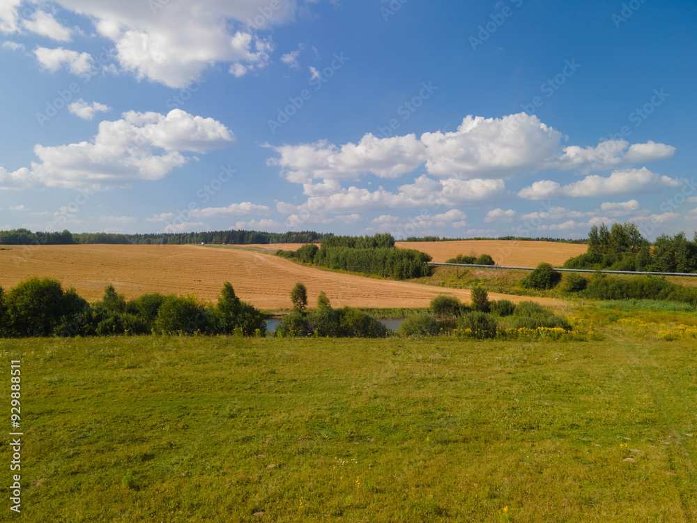 Fototapeta premium Panorama view from above of a summer landscape. Agriculture, green fields