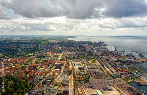 Helsingborg, Sweden. Industrial zone with port infrastructure. Oresund Strait. Panorama of the city in summer. Aerial view photo