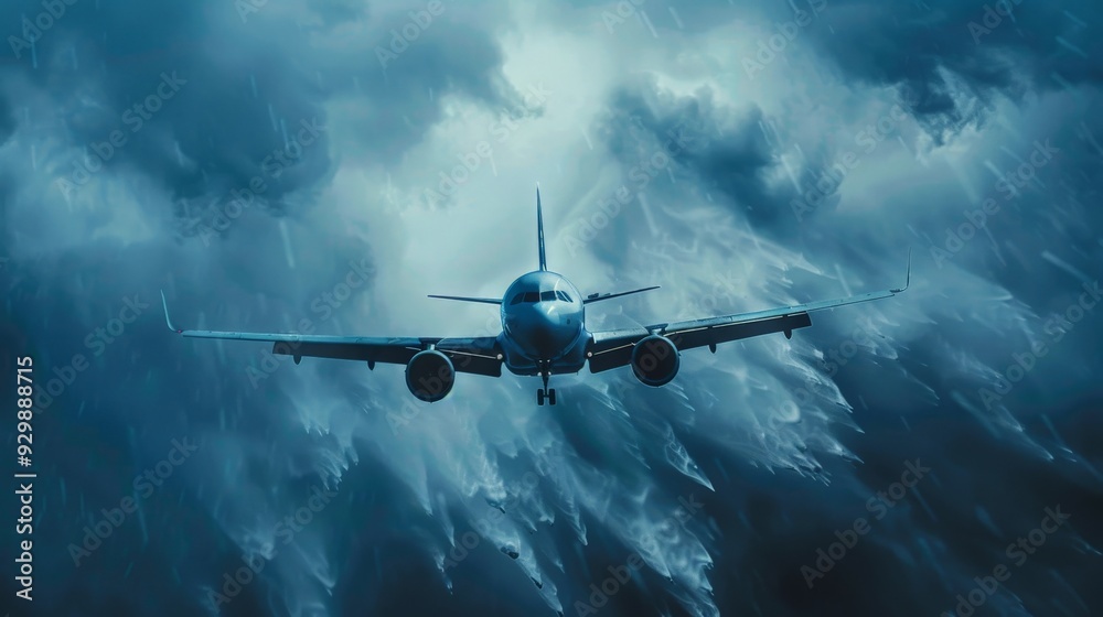 A plane is flying through a stormy sky. The clouds are dark and heavy, and the rain is pouring down. Scene is tense and dramatic, as the plane navigates through the dangerous weather conditions A plane is flying through a stormy sky. The clouds are dark and heavy, and the rain is pouring down. Scene is tense and dramatic, as the plane navigates through the dangerous weather conditions