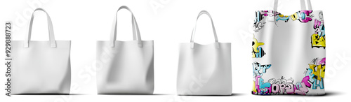 Set of blank and graffiti print tote bags, ideal for branding, fashion, and streetwear design mockups. High-resolution 3D vector illustration showcasing plain and decorated bag options. 
