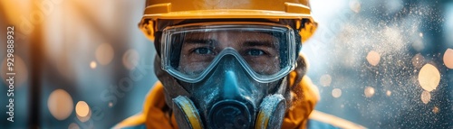 Construction Worker in Safety Gear with Protective Mask and Helmet in Dusty Environment