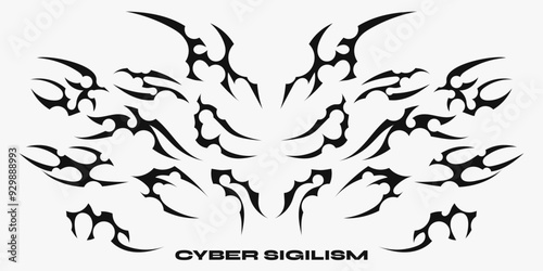 Set of cyber sigilism elements, y2k neo tribal gothic tattoo constructor