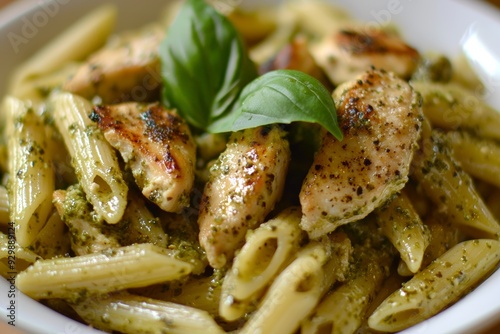 Delicious Basil Pesto Chicken Penne Pasta Dish, Italian Food Photography Generative AI photo